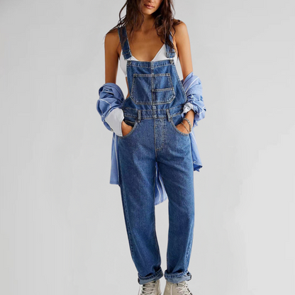 Komfortabler denim-overall mit kreuz-rücken für damen