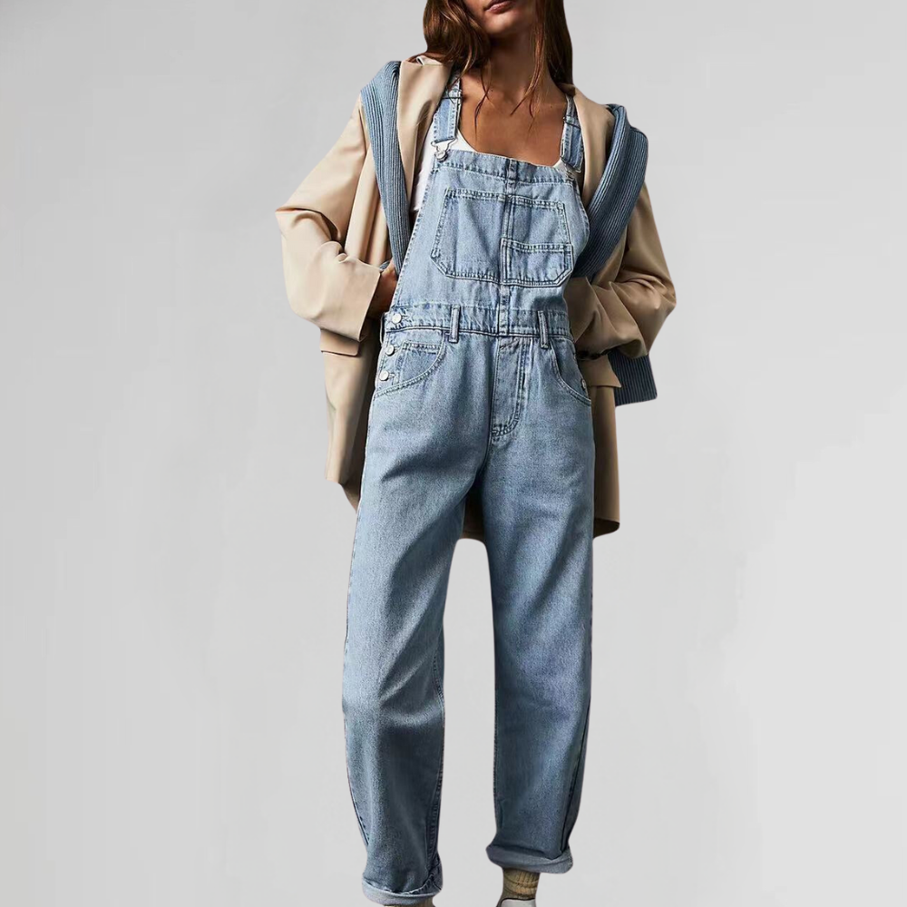 Komfortabler denim-overall mit kreuz-rücken für damen