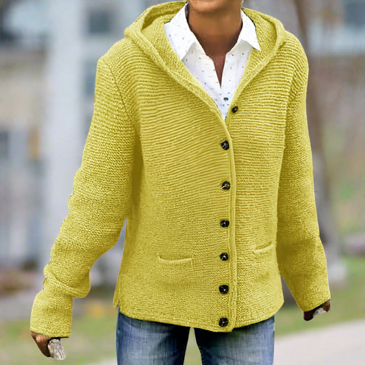 Lange damen-strickjacke mit kapuze